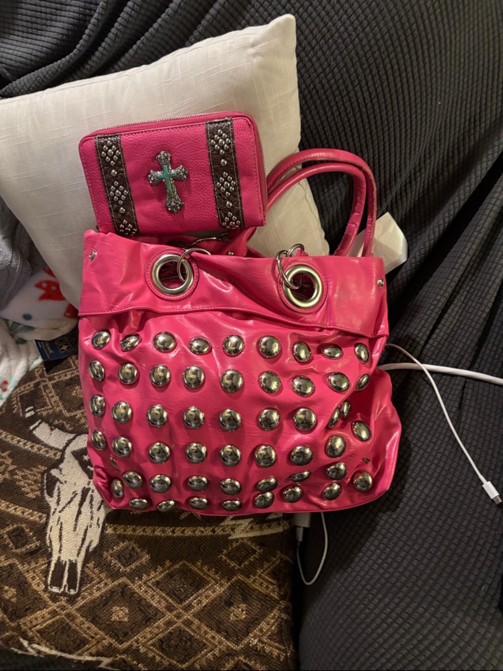 Pink Studded Shoulder Tote with Matching Cross Wallet/ Bundle of two